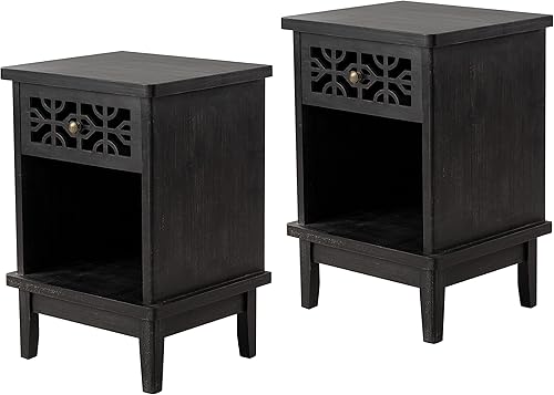 COZAYH Juego de 2 mesitas de noche retro rústicas de abeto sólido con parte delantera tallada a mano y estante abierto para estilo bohemio, campo