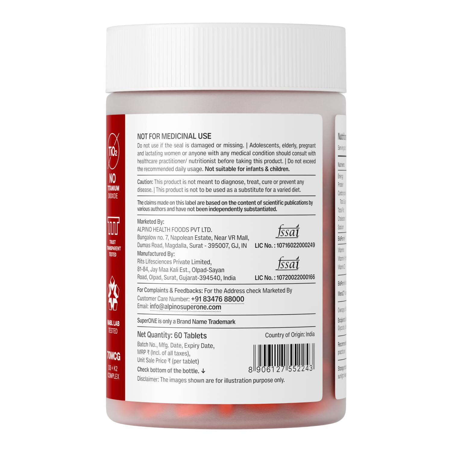 Alpino SuperONE Vitamin D3 + K2 Tablets | 600 IU D3 & 55 mcg K2 (MK-7) with BioPerine® | Bone, Muscle & Immunity Support | 60 Tablets 1
