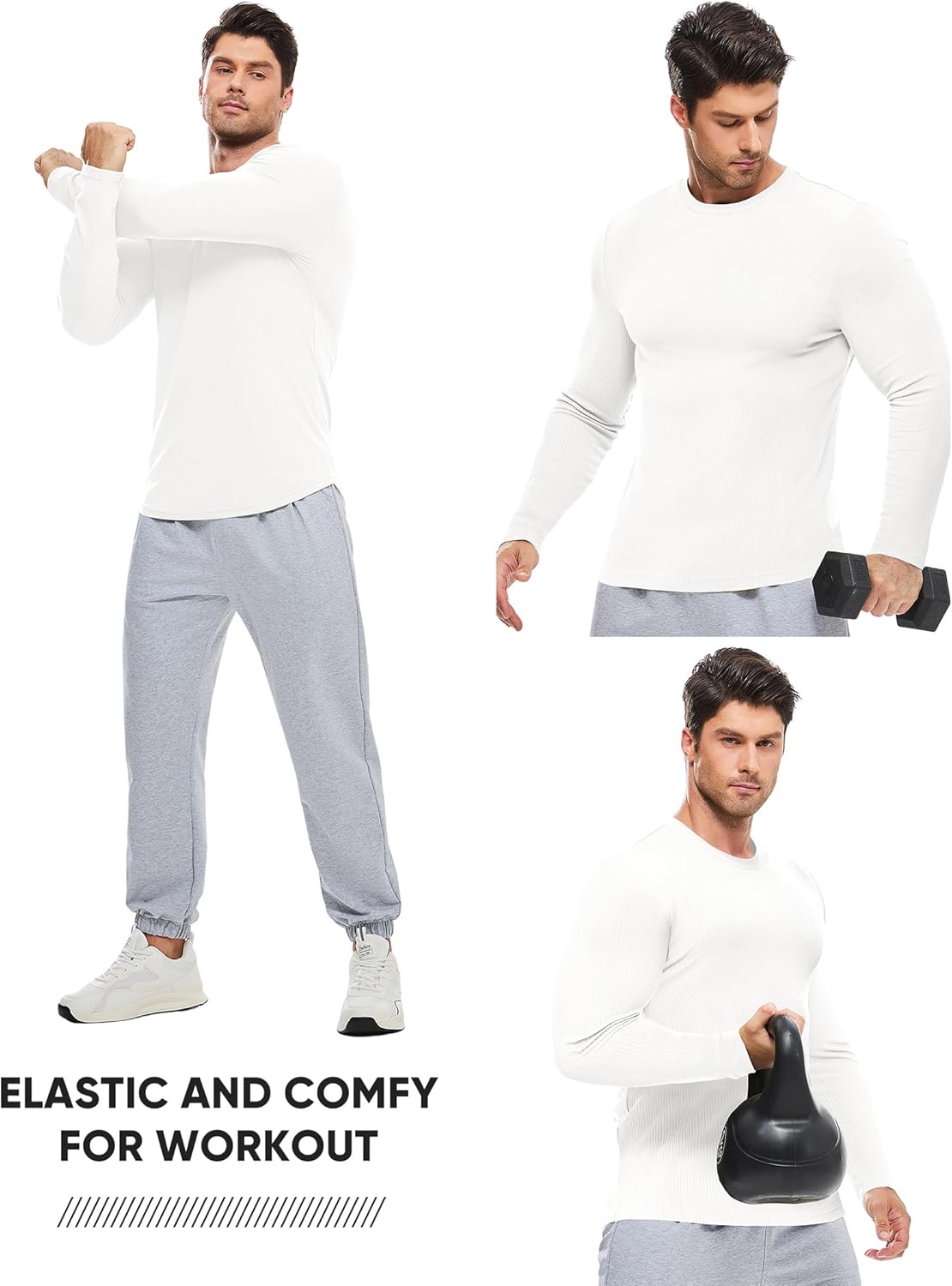 JMIERR Mens Muscle Shirt Slim Fitted Long Sleeve Anti-Wrinkle Casual Workout Gym T Shirts Crewneck - Image 5