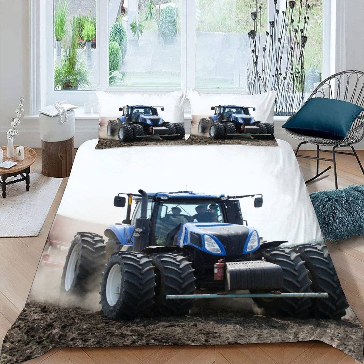 RFFLUX 3D Tractor King size Bedding Sets 3 Pieces 220x230 Ultra Soft Microfiber Farm Combine Harvester Duvet Cover with Zipper Closure Easy Care Quilt Cover with 2 Pillowcase for Adults Room Decor