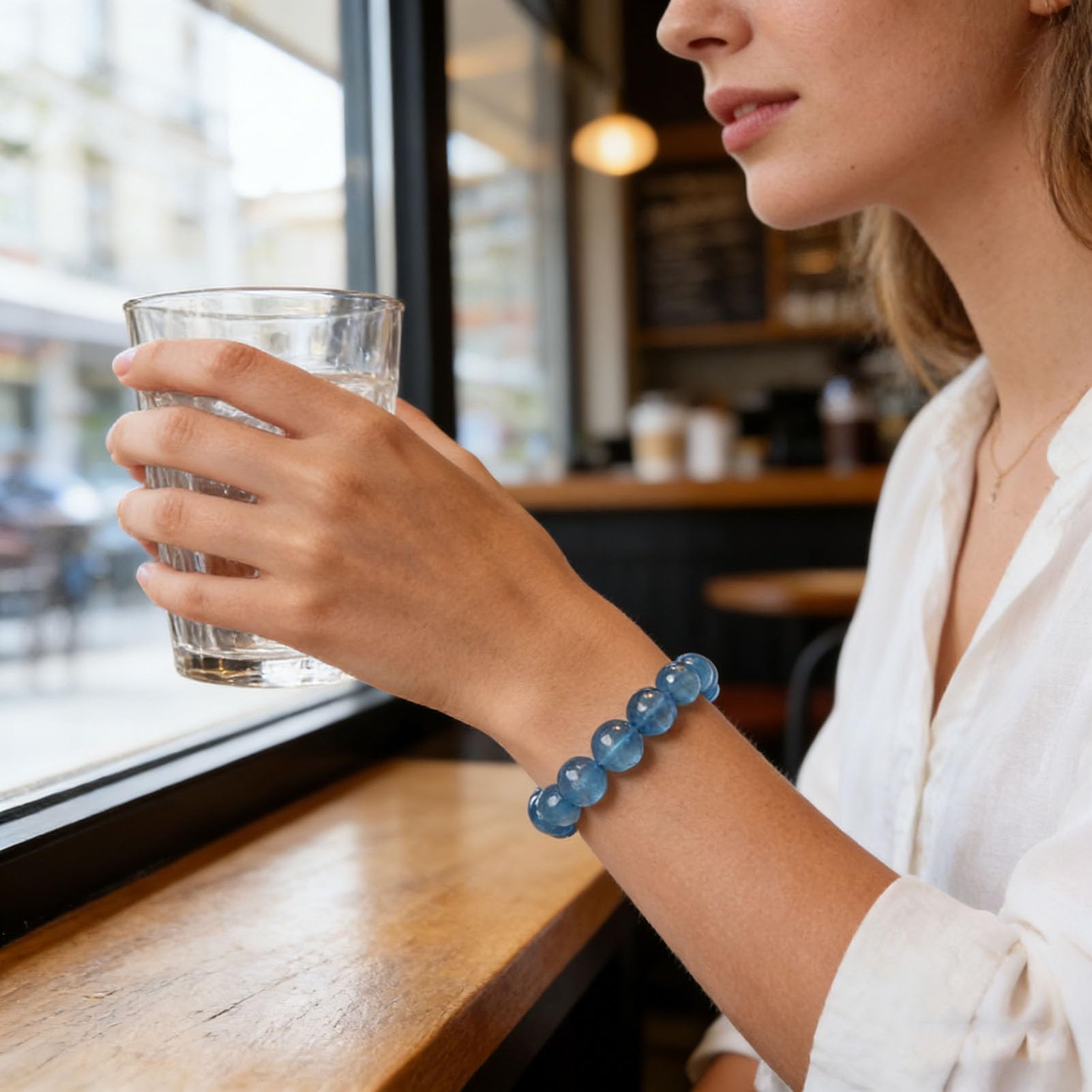 Pulsera de Aguamarina para Mujer, Pulsera elástica de Piedra auténtica para energía Tranquila y comunicación, joyería de Cristal Natural para claridad, Serenidad, energía Positiva,14MM