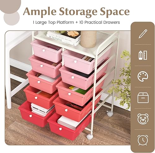 Miniatura 4 de GOFLAME Carrito de almacenamiento con ruedas de 10 cajones, organizador de almacenamiento de manualidades sobre ruedas, carrito móvil multiusos para