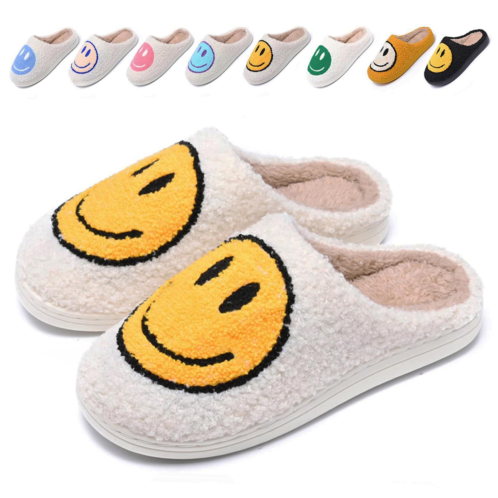 AWONS Retro Smile Slippers for Women & Men, Happy Face Comfy Warm Plush Slip-On House Slippers, Yellow & White, Size 5-10 (Women), 5-9 (Men), Unisex-Adults