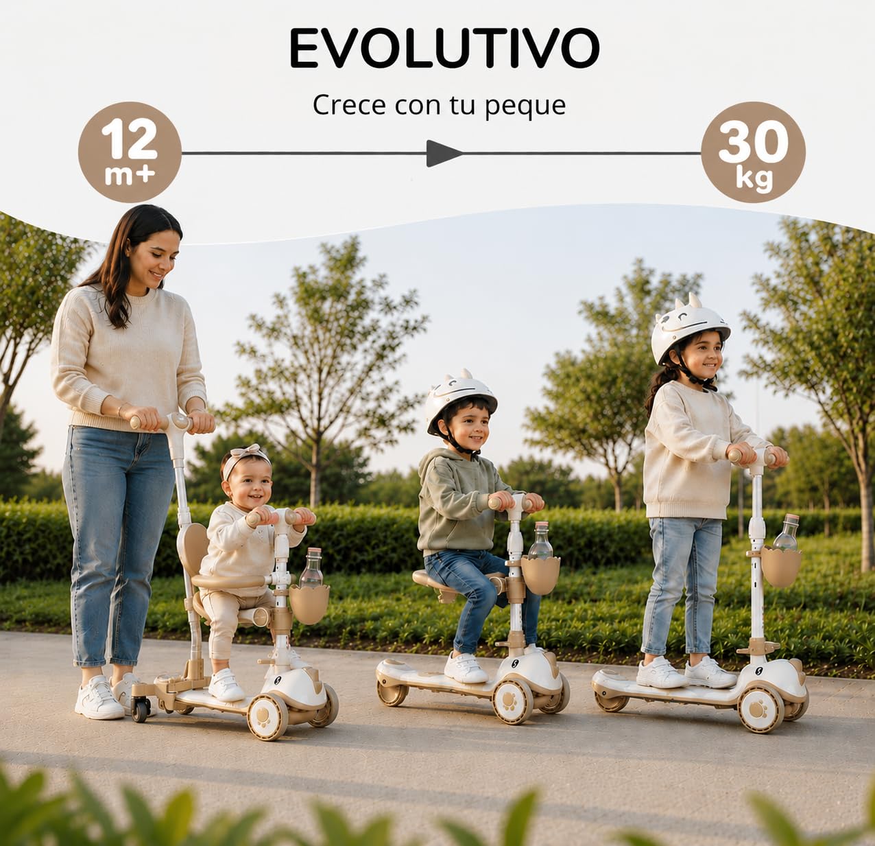 Twinly Dinly Patinete Evolutivo 3 en 1 con Asiento y casco incluido, Rosa | Manillar parental ajustable, ruedas LED, plegable y hasta 30 kg.