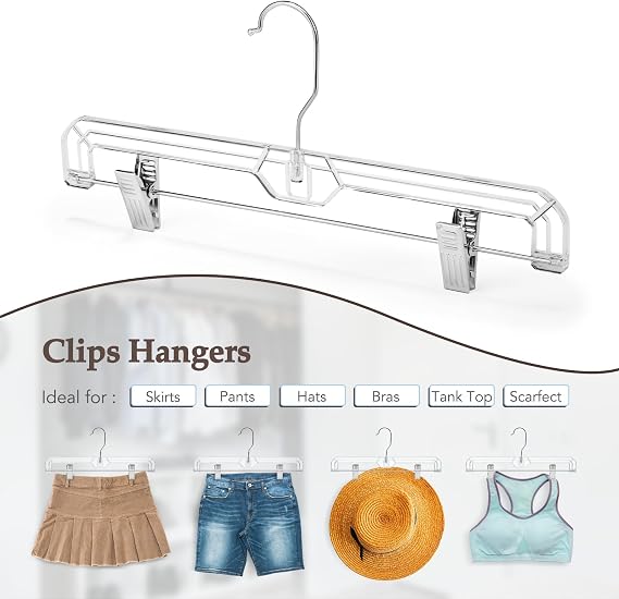 HOUSE DAY 50 Pack 14 inch Clear Plastic Pants Hangers with Clips, Skirt Hangers, Clip Hangers for Pants, Trouser Bulk Plastic Pant Hangers