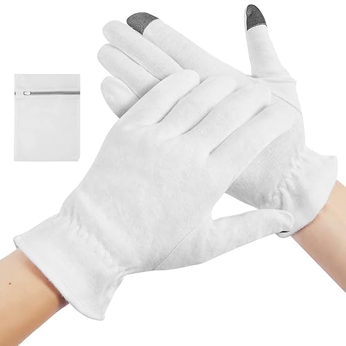 Guantes hidratantes 100 % algodón, 5 pares, guantes de algodón aptos para pantalla táctil con pulsera y bolsa de lavado para toda la noche, eccema