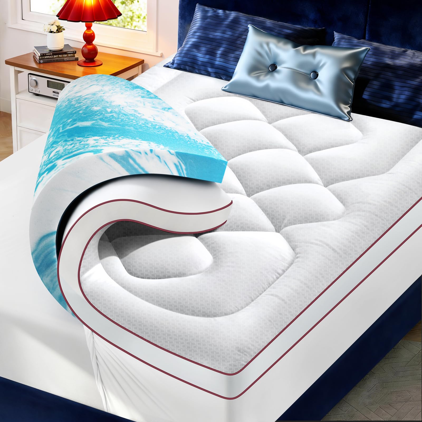 Premium Mattress Topper Queen Size,4 Inch Dual Layer (2" Gel Memory Foam + 2" Plush Pillow Top) Comfort Support, Thick Mattress Pad Cover for Back Pain (60x80 inch)