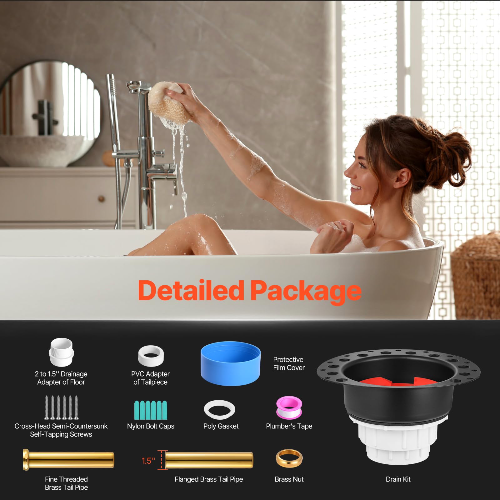 VEVOR Kit de Desagüe para Bañera Independiente PVC, 2 Tubos de Cola de Latón, con Adaptador PVC de Cola, Compatible con Bañeras Independientes, Montadas en el Suelo y Las de Isla, 178 x 158 x 102 mm