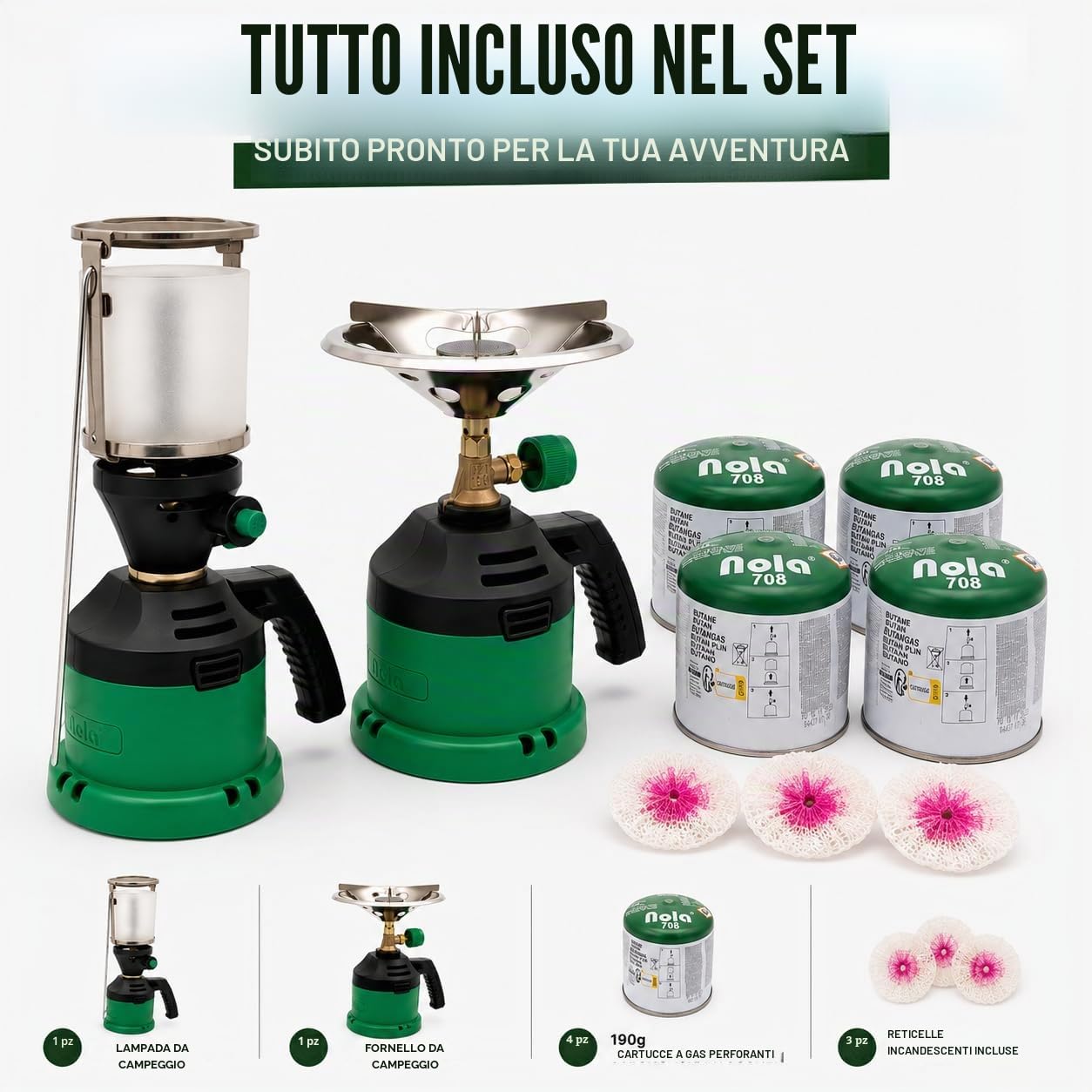 NOLA Set da campeggio + fornello a gas + 4 cartucce di gas pungente + lampada