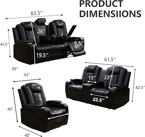 Miniatura 2 de Juego de 3 piezas para sala de estar, sofá reclinable eléctrico de cuero con puertos USB, iluminación LED y portavasos, asientos de cine en casa