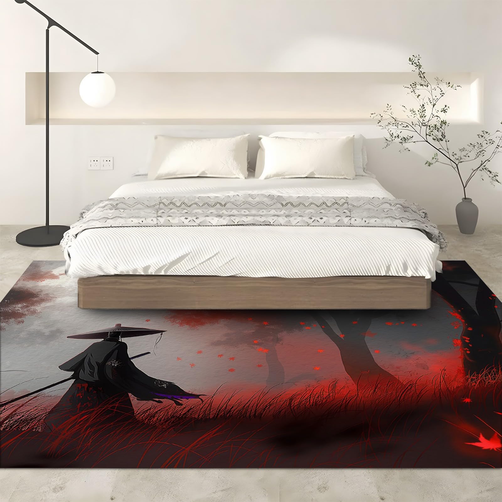 Tapis Chambre Anime Samouraï Arbre Rouge 80x150 cm Tapis de Salon Style Moderne Tapis Salon Doux à Poils Courts Tapis Antidérapant Intérieur Moelleux pour Salon Chambre