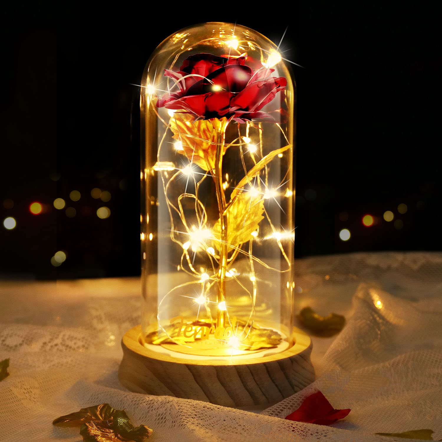 Rosa Eterna Con Lampada LED - Bella E La Bestia - Cupola Vetro E Base Legno - Regalo Romantico