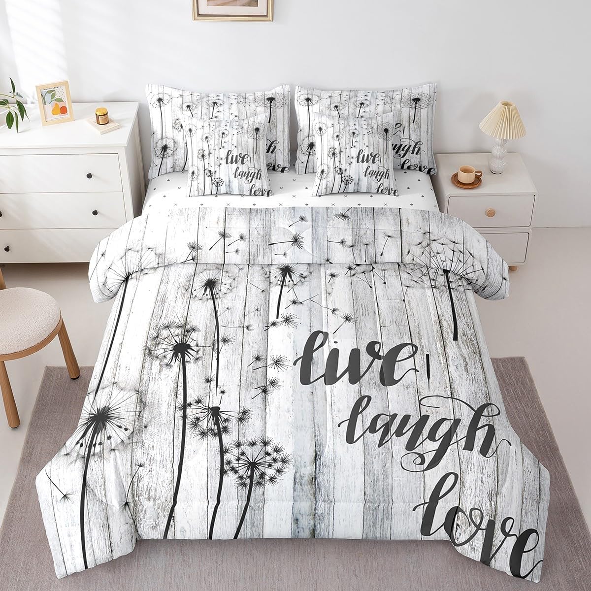 Erosebridal Dandelion Comforter for Kids Girls, Rustic Farmhouse Fitted Sheet Queen Size Country Flower Flat Sheet Floral Pillow Cases Wooden Door Fences Throw Pillow Covers, Grey White
