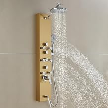 ROVOGO Gold Shower Panel Tower System, 4-Function Rain Shower, Handheld Sprayer, Body Jets, Tub Spout with Simultaneous Use Option, Stainless Steel Shower Column with Adjustable Head, 43.3"