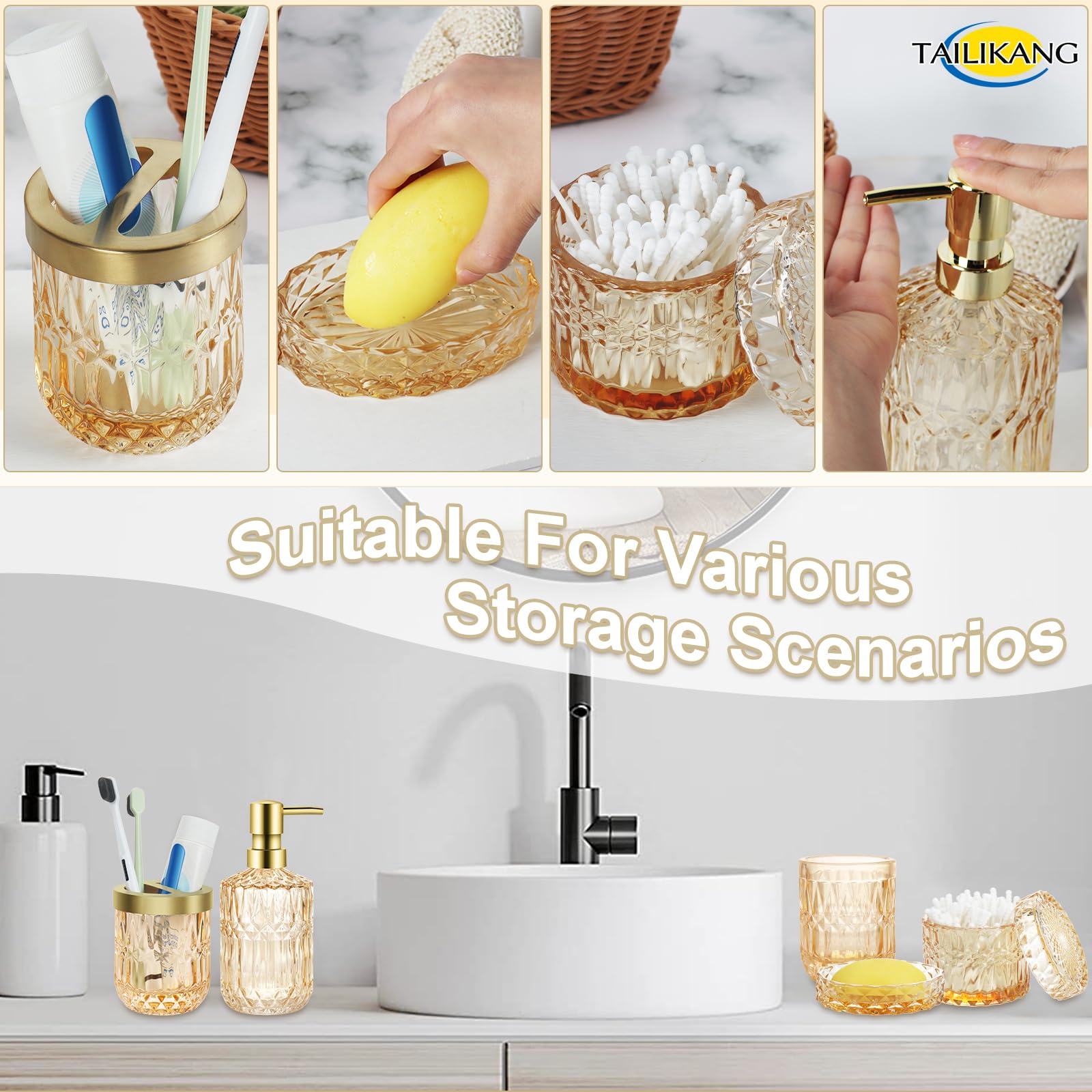 Set di accessori da bagno in vetro dorato, set completo di 5 accessori da bagno, decorazione moderna per il bagno con dispenser di sapone, piatto, portaspazzolino, bicchiere, bastoncini di cotone