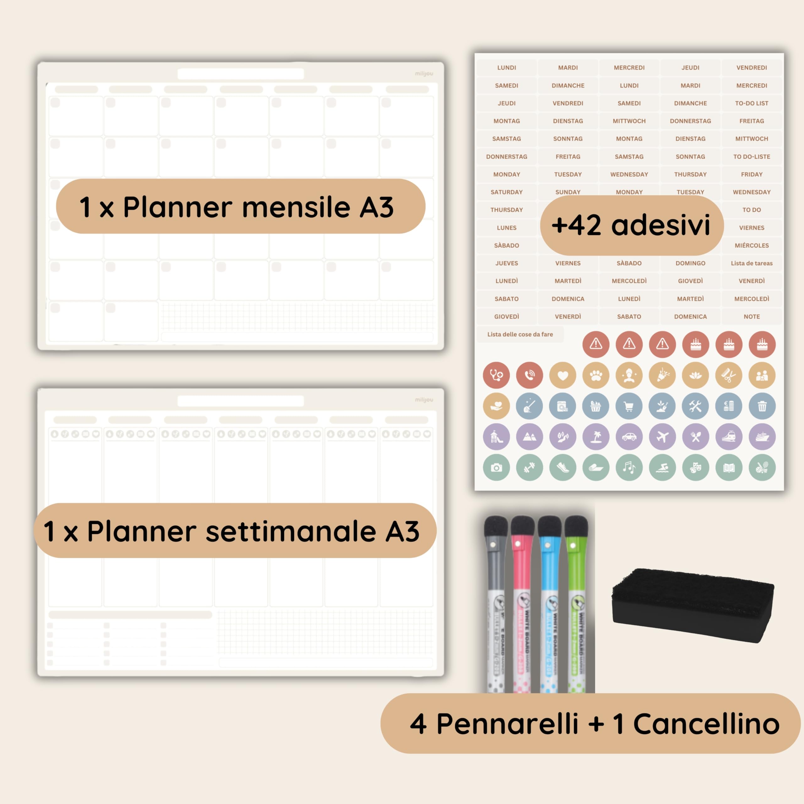 Calendario Magnetico da Frigorifero Formato A3 – Planner Mensile e Settimanale Cancellabile – 42 Adesivi per Eventi, 4 Pennarelli, 1 Gomma – Lavagna Magnetica – Tracker del Benessere