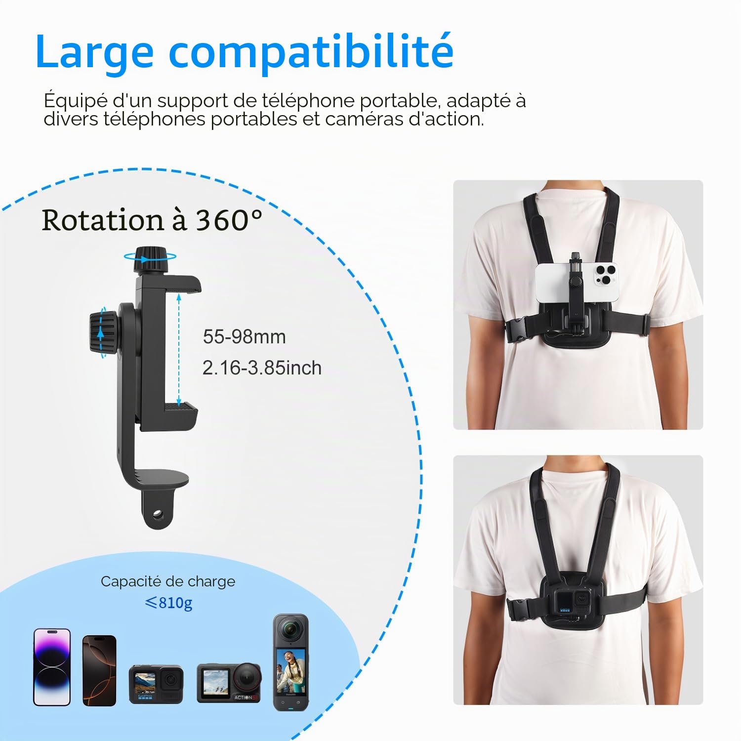 Suptig Harnais de téléphone compatible avec iPhone, Samsung, GoPro, DJI Action, téléphones portables, caméras d'action POV/VLOG
