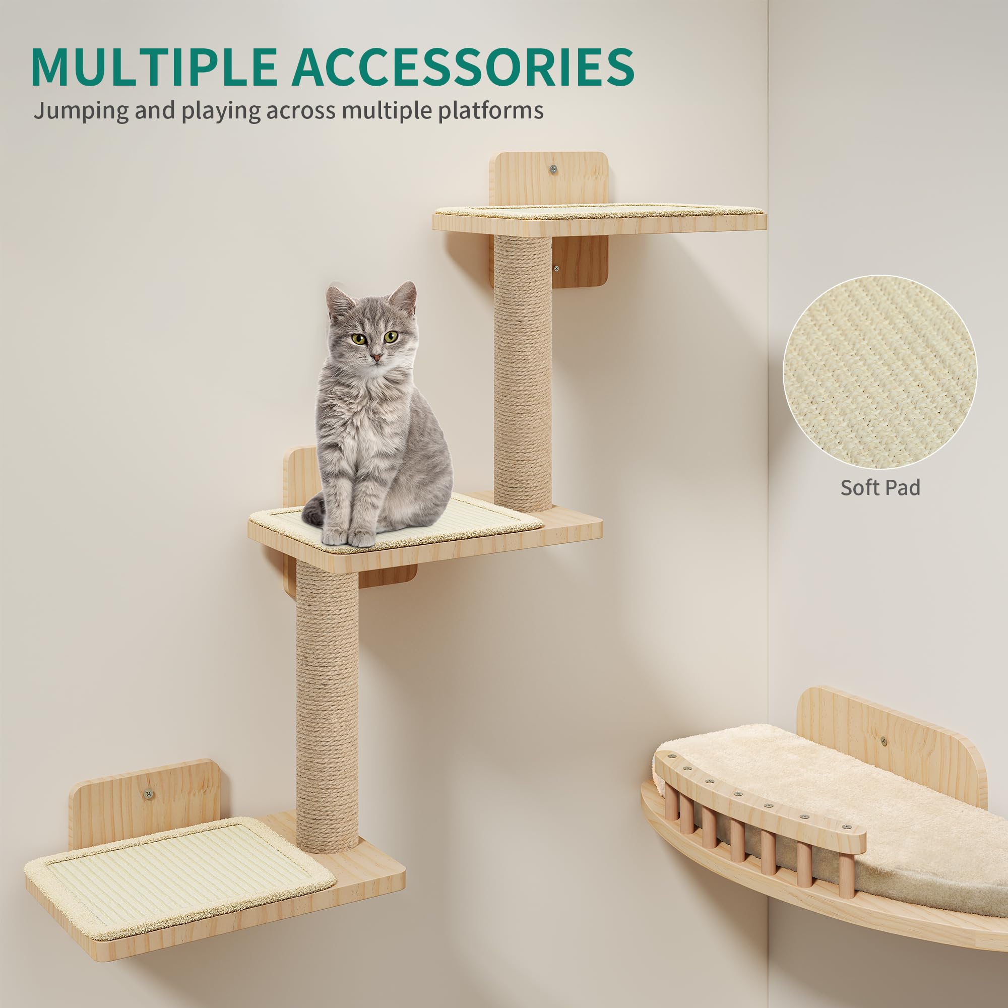 YITAHOME Set di 7 mobili per gatti in legno, con 3 tiragraffi, 2 piattaforme angolari, 2 scale per gatti, per dormire, giocare, lounge