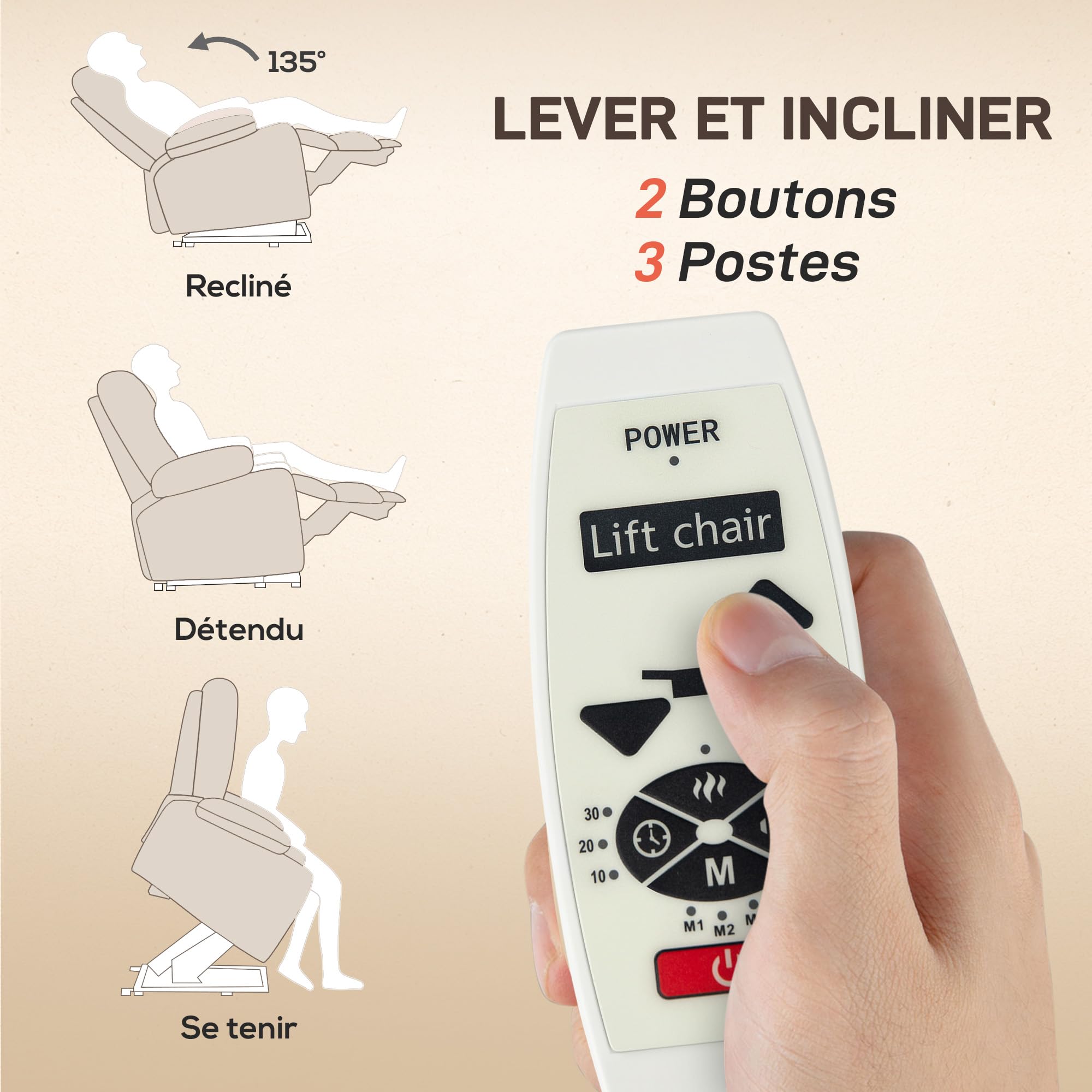 HOMCOM Fauteuil releveur électrique avec fonction massage et chauffage, fauteuil relax électrique en velours, dossier inclinable, ports USB, télécommande, fauteuil relaxant pour personnes âgées, beige