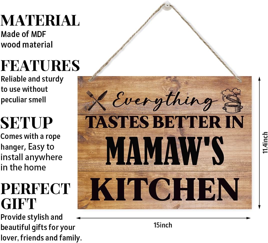 Hanging Wooden Kitchen Gifts, Grandma's Gift, Mother's Day Gift, Thanksgiving Gifts for Mom from Daughter Son, Everything Tastes Better in Mamaw's kitchen Sign, Rustic Farmhouse Sign 15x11.4 Inches - Image 2