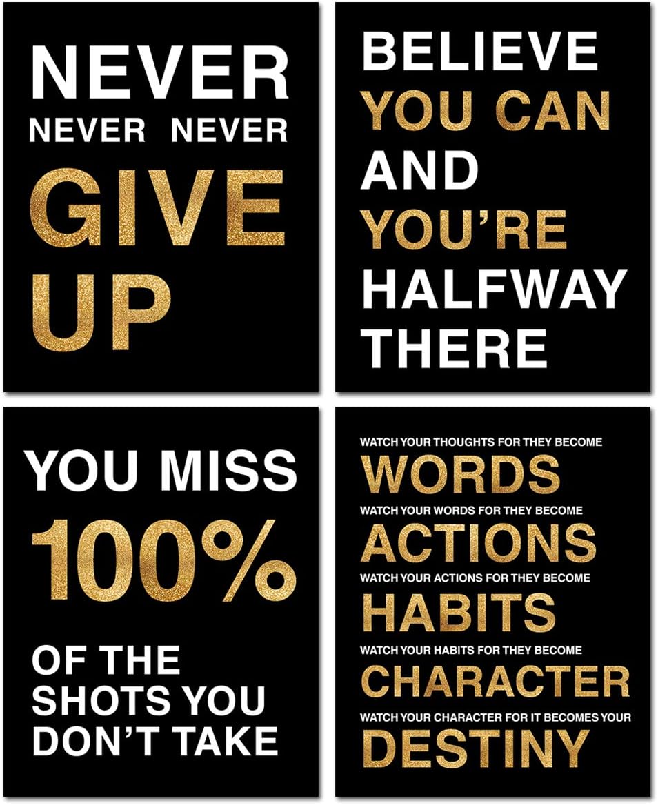 Ihopes Motivational Quote Workout Gym Posters - Classroom Office Wall Art Decals - Inspirational Teen Work Decor - 8x10 inch - Adhesive Black Finish - Set of 4