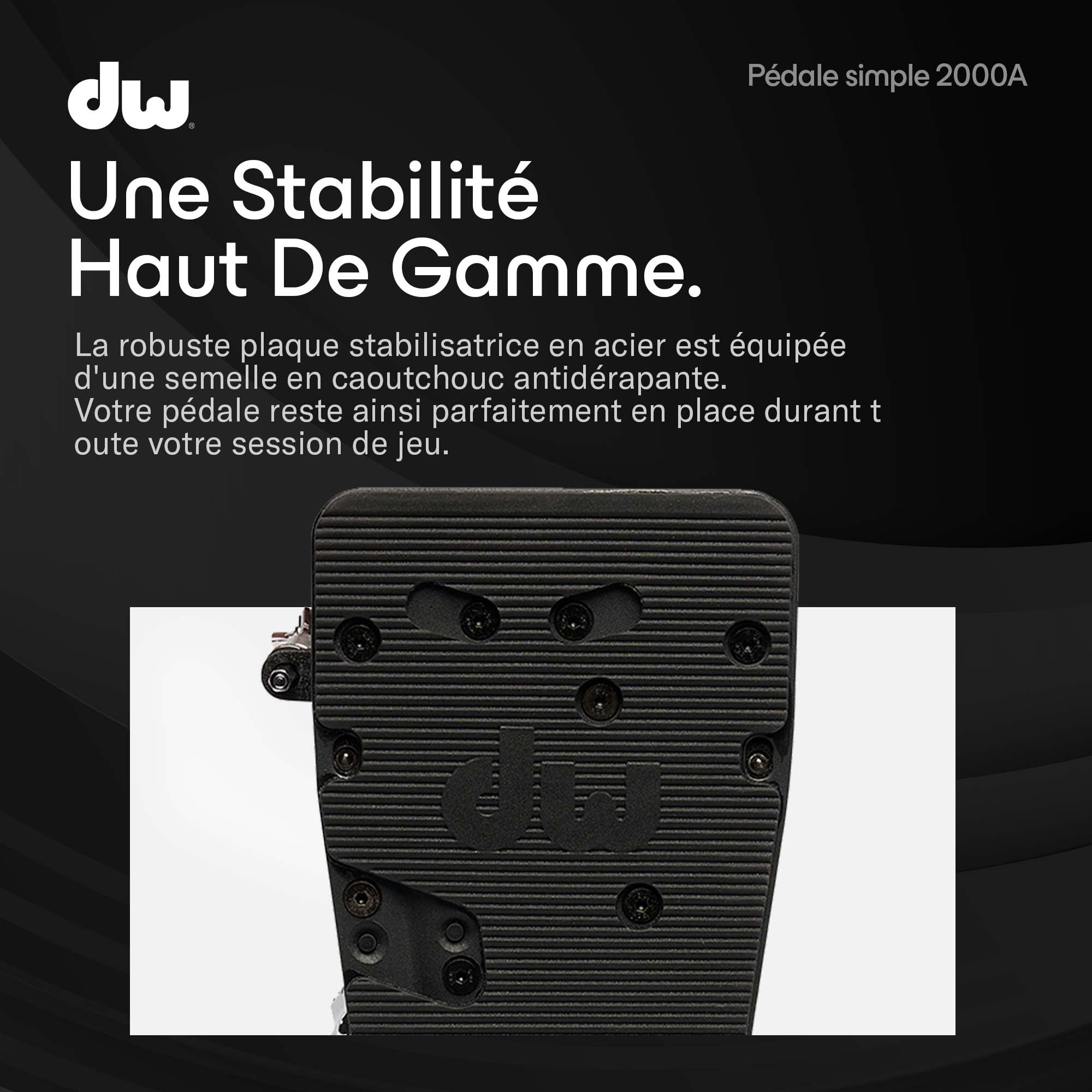 DW 2000A | Pédale de grosse caisse série 2000 | Idéale pour les batteurs de tout niveau | Cadre métallique robuste avec came Accelerator à simple chaîne | Batte à deux faces