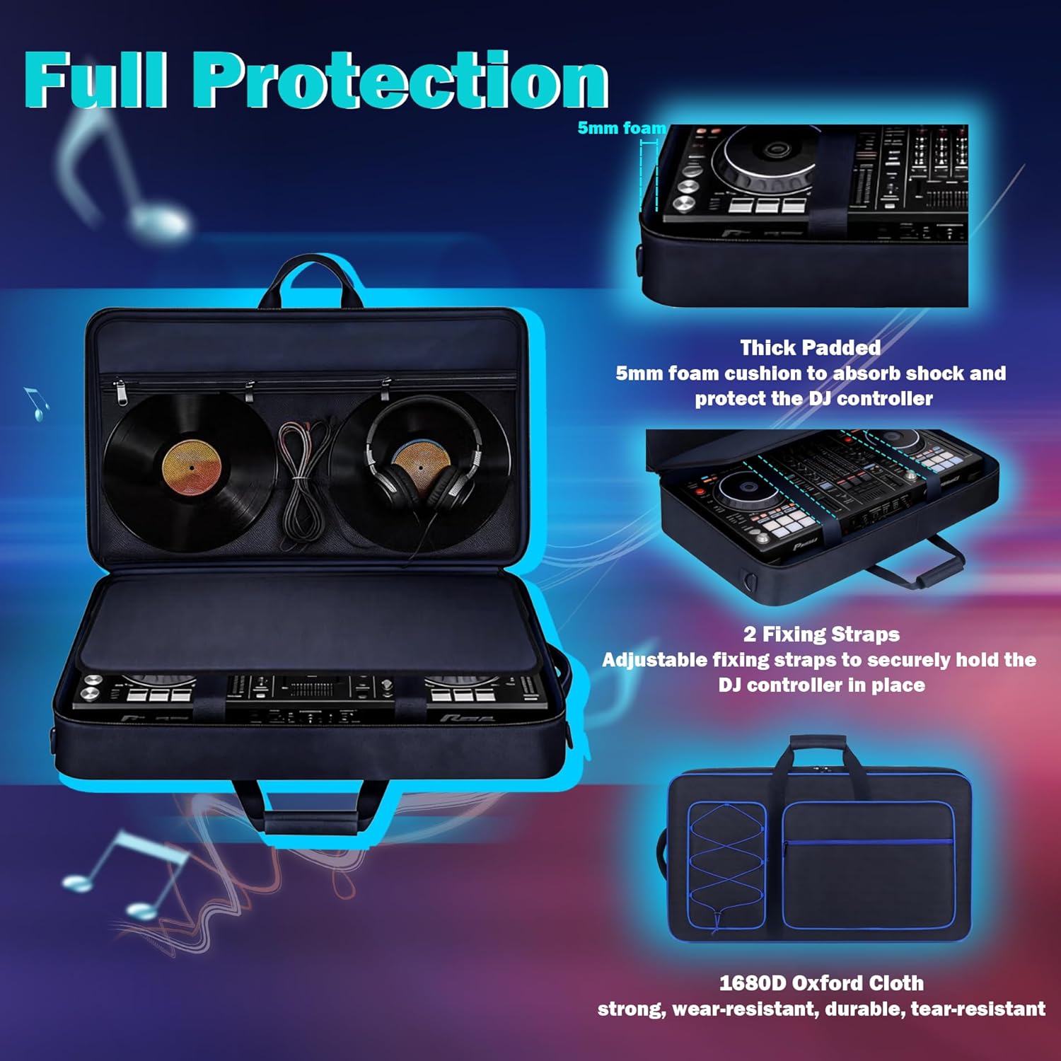 DJ Controller Case Bag Compatible with DDJ-FLX10/ 1000/ 1000SRT/ DDJ-GRV6/ REV5/ REV7, Padding Gig Bag with Adjustable Shouldder Strap, DJ Backpack with Multi- Pockets for Gear (Blue, without wheels)