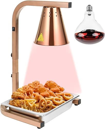 Restlrious Lámpara de calor para alimentos, calentador de alimentos de cabeza comercial independiente, marco dorado, acero inoxidable de 120 V,