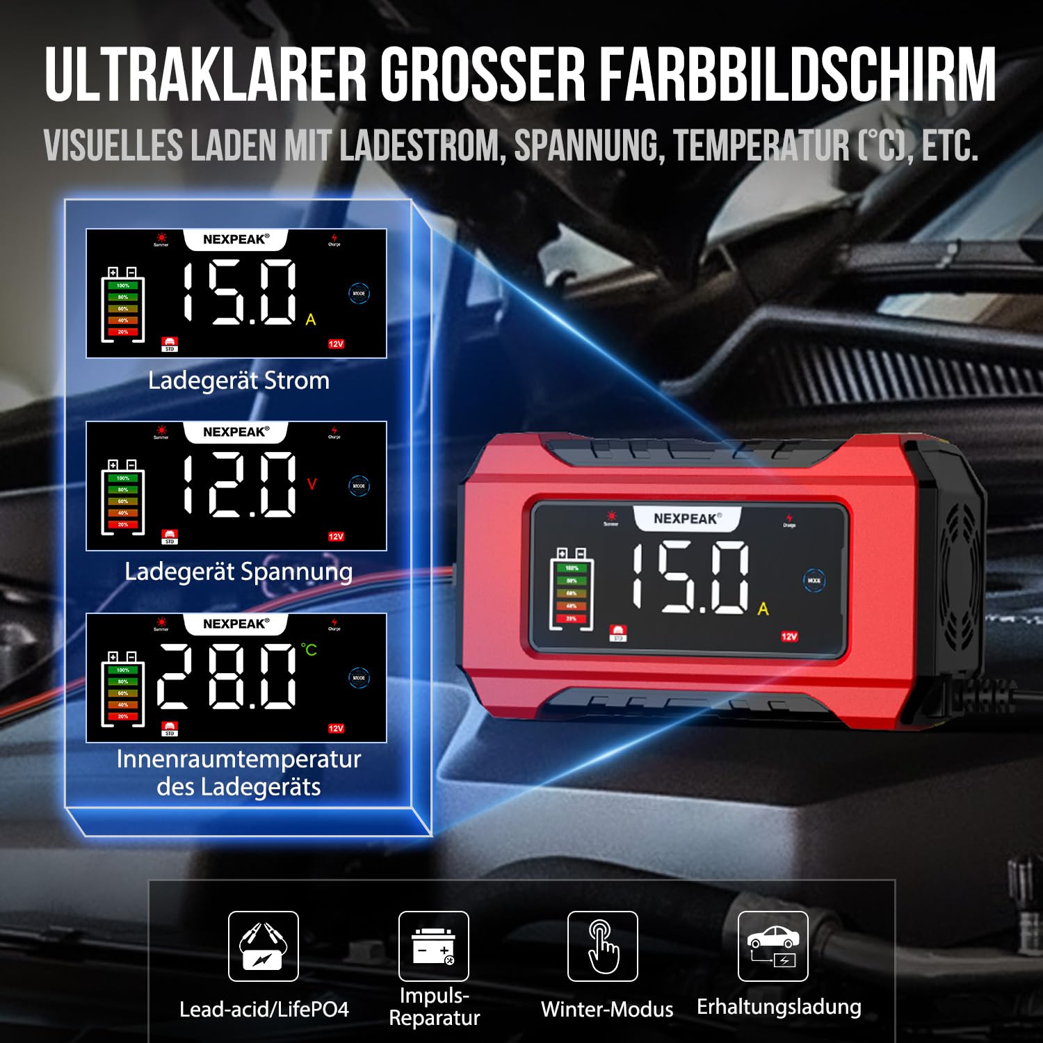 NEXPEAK NC215 15A Autobatterie Ladegerät, 12V 24V LiFePO4 Blei-Säure Tragbares Autobatterieladegerät 9-stufiges Intelligentes Batterieladegerät für Auto, LKW, Motorrad, Rasenmäher, Boot, Marine