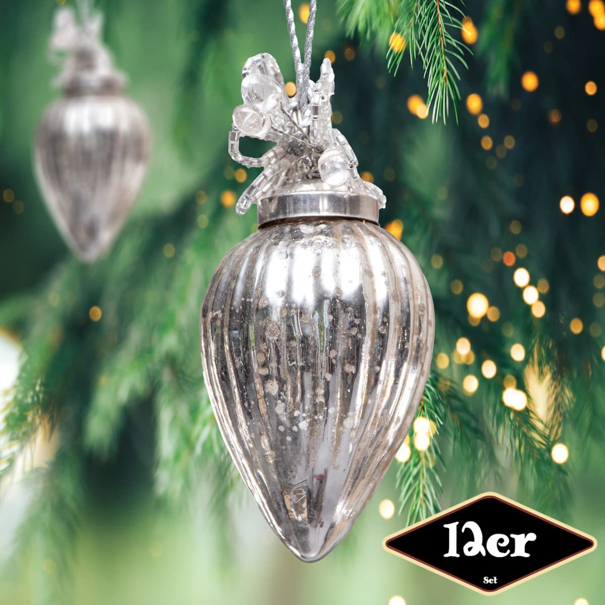 Antikas - Lot de 12 boules de Noël en forme de pommes de pin | verre, argent, structure | H 10,5 cm x l 5,0 cm
