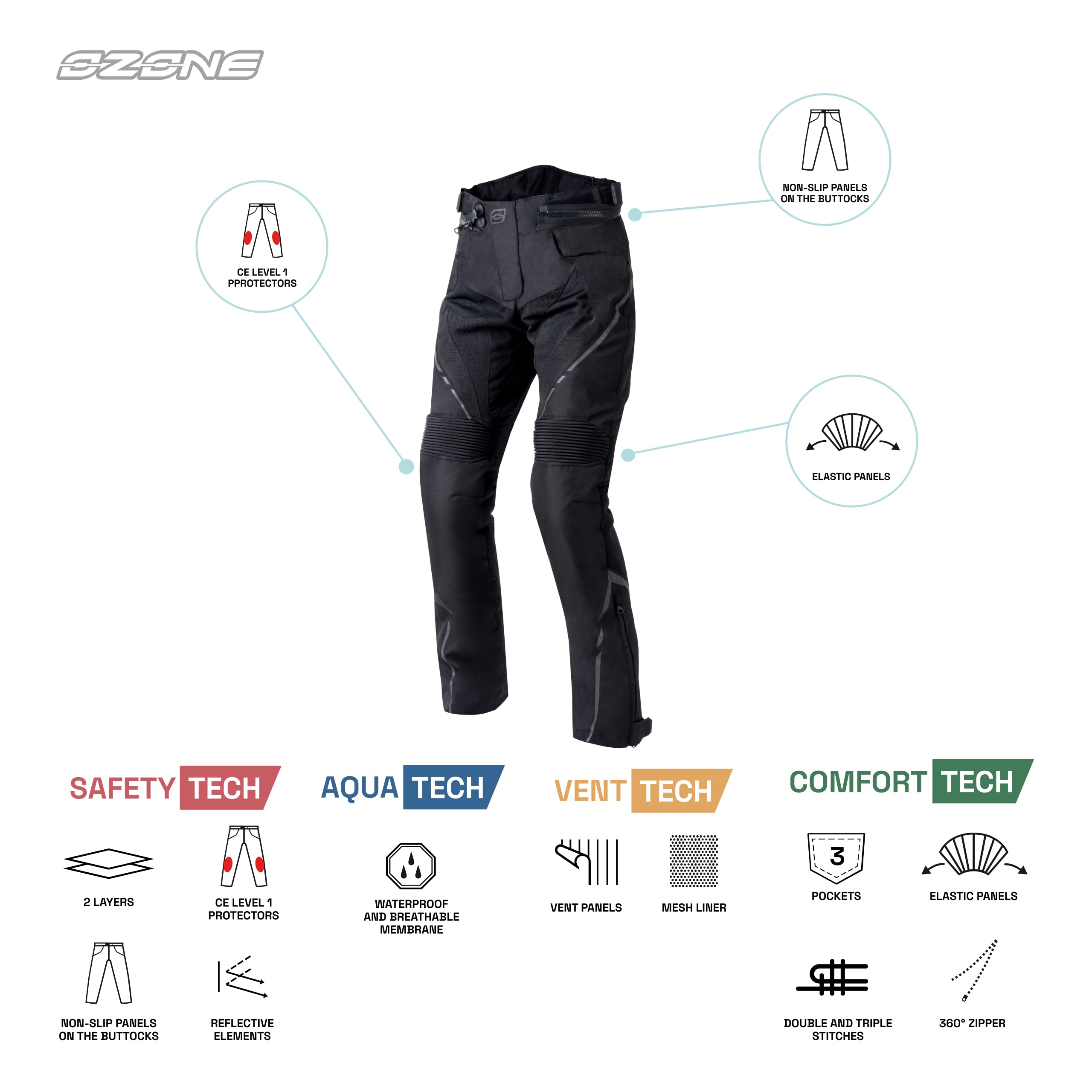 Ozone Jet II Lady Pantalon de Moto pour Les Femmes Protection des Genoux Tissu d'acier Membrane Amovible étanche Éléments réfléchissants Panneaux antidérapants 3 Poches