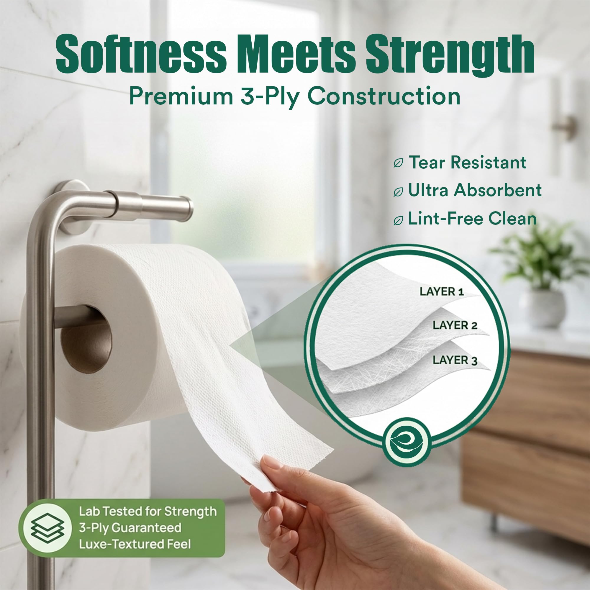 ECO SOUL Papel higiénico de bambú, 24 megarrollos, 3 capas, 300 hojas por rollo, papel higiénico ecológico y seguro para sépticos, papel higiénico sostenible, compostable, certificado FSC