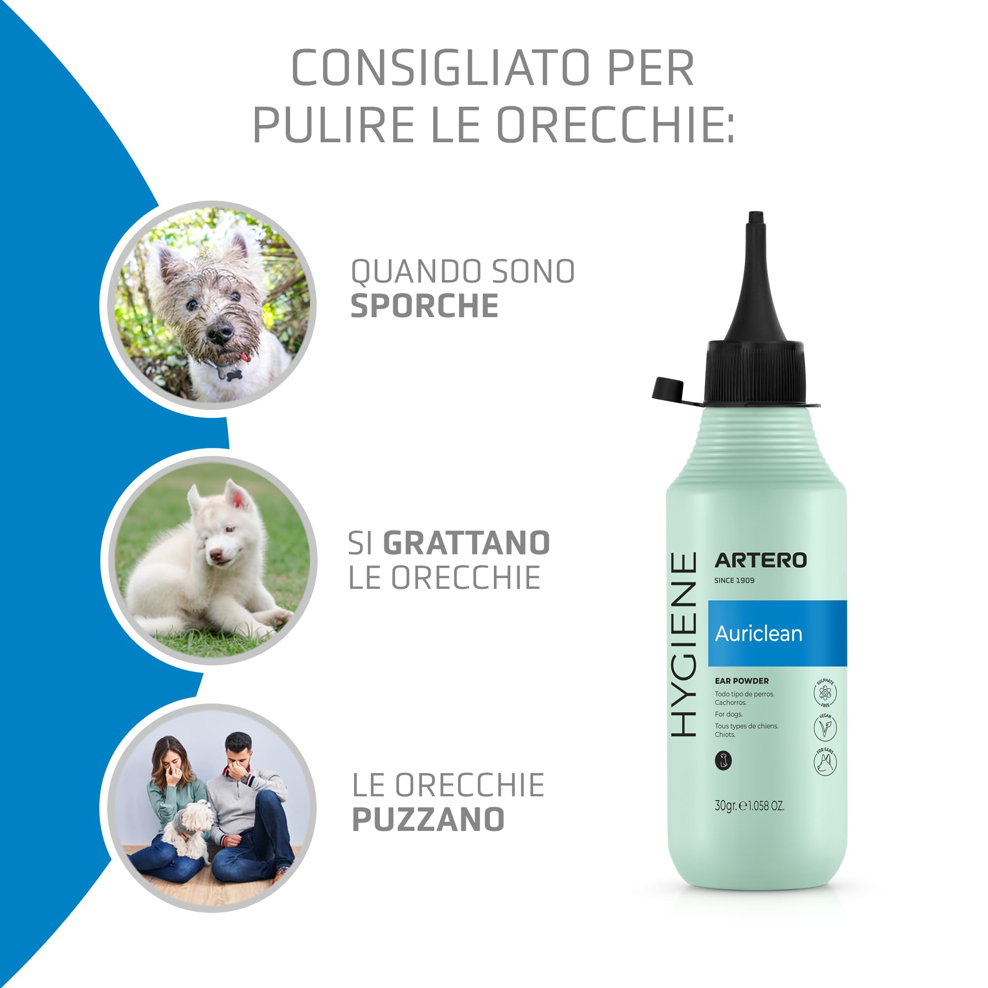 Artero Auriclean Polvere Antisettica per Depilazione Orecchie Cani, Elimina Odori, Facile Applicazione, 30g