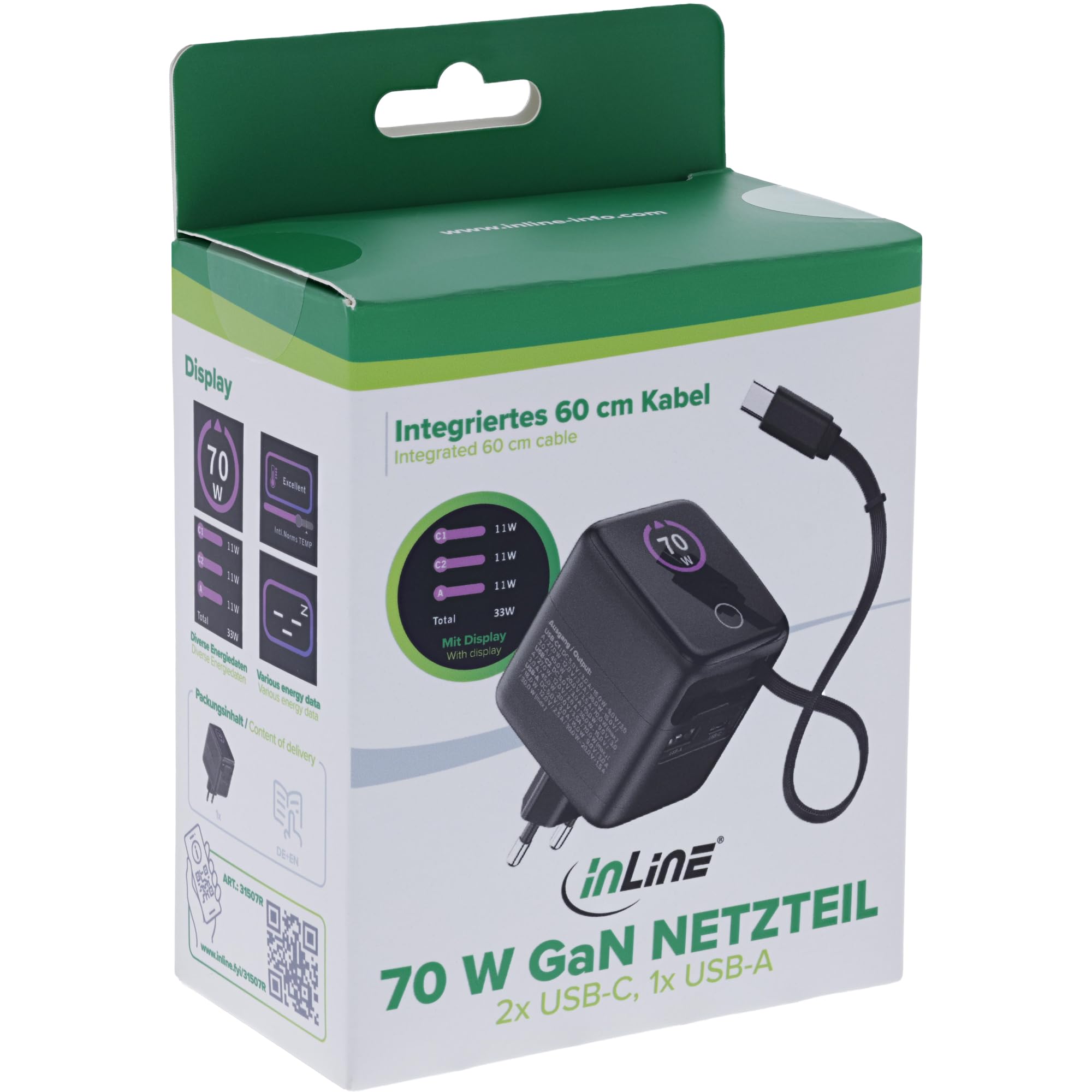 Inline Caricatore USB C & USB A 70 W, con cavo estraibile, alimentatore GaN con display, Power Delivery & Quick Charge, nero, 31507R