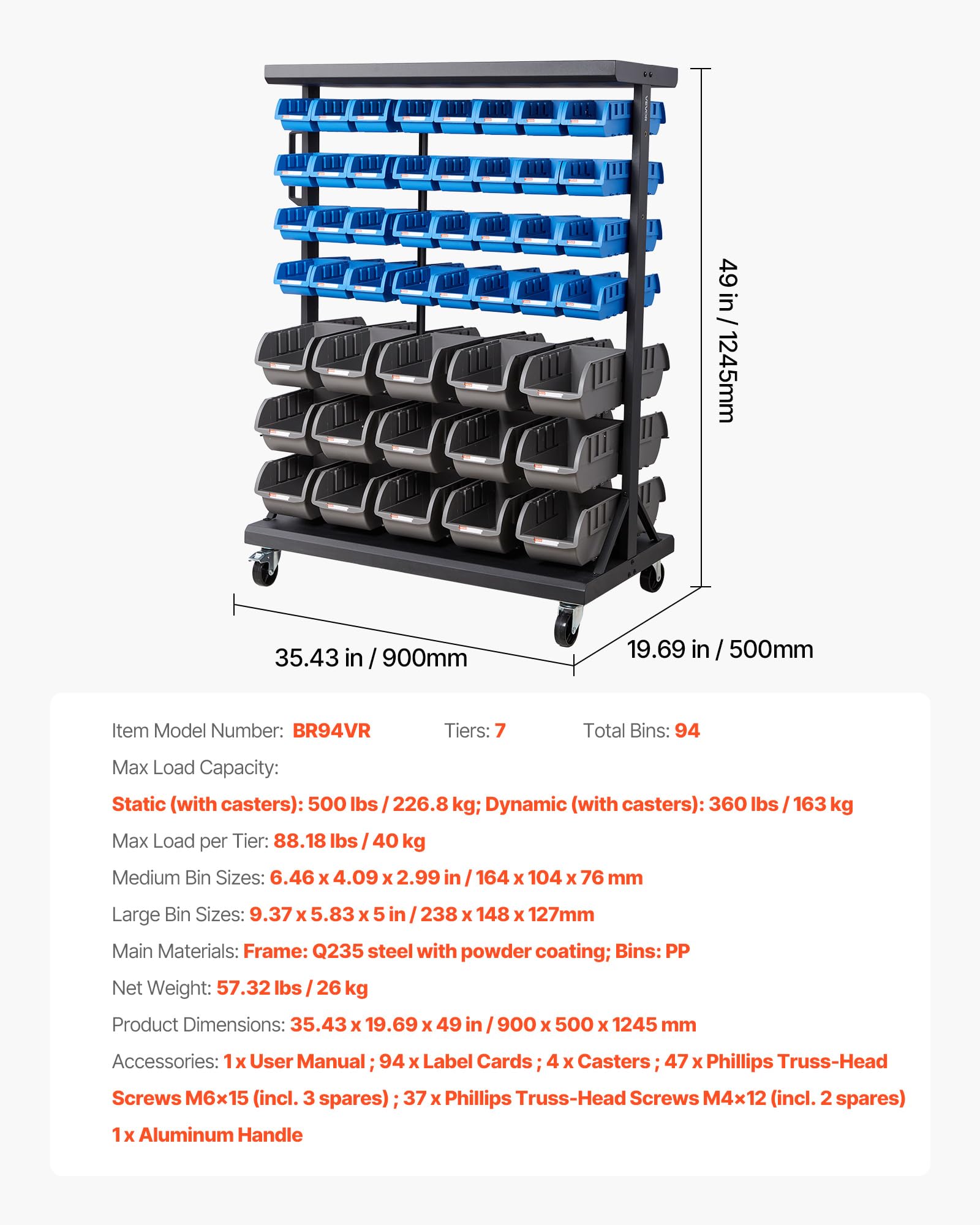 VEVOR Estantería Móvil de Plástico con Ruedas, 7 Niveles y Doble Cara, para 94 Contenedores, Carga Máxima por Nivel 40 kg, para Garaje, Almacén, Oficina, Restaurante y Aula, 900 x 500 x 1245 mm
