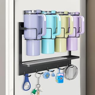 Magnetic Cup Holder for Stanley & Most Tumblers, Water Bottle Organizer for Fridge, Space Saving Stanley Cup Holder with 5 Hooks, No Drill Water Bottle Storage Rack for Kitchen Organization, Black