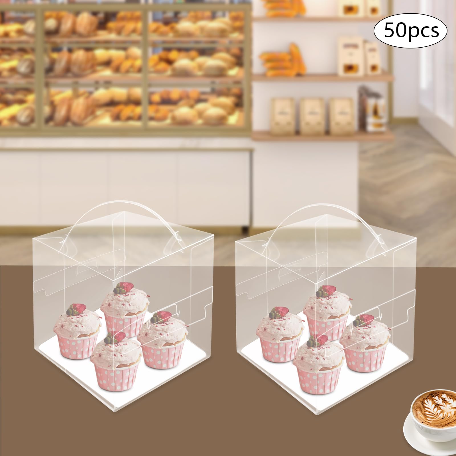WsrrLun 50 Pcs Clear Cake Box Set, Plastic Cake Carrier with Lid and Handle, Stackable Cupcakes Cookies Chocolates Display Containers for Wedding Birthday Party (5.12 * 5.12 * 5.12in)
