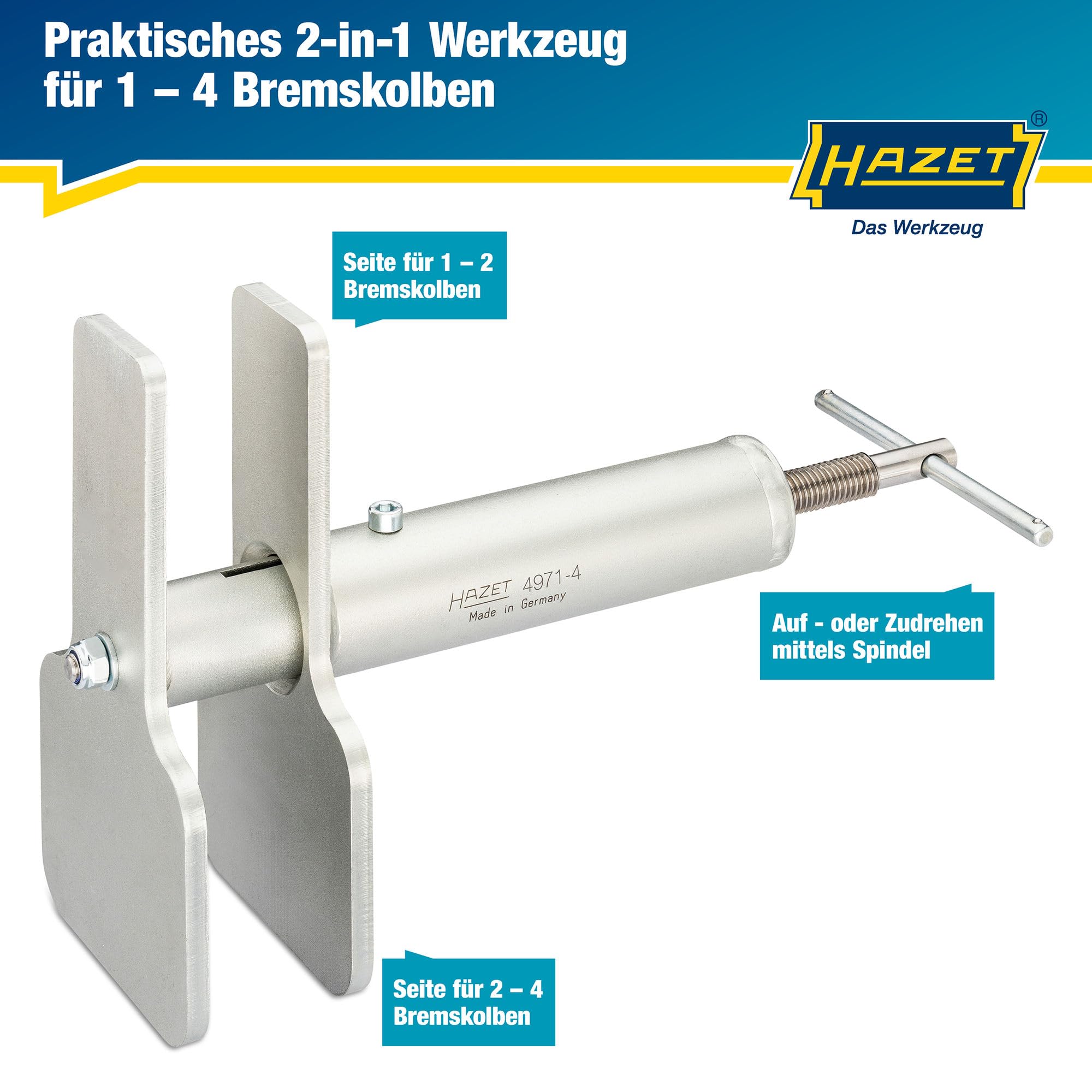 Hazet Bremskolben Rücksetzwerkzeug 4971-4, 2-in-1 für 1-, 2- und 4-Kolben Bremssättel, geeignet für Schwimmsättel und Festsättel, Arbeitsbereich 15-90 mm, beschädigungsfreies Zurücksetzen