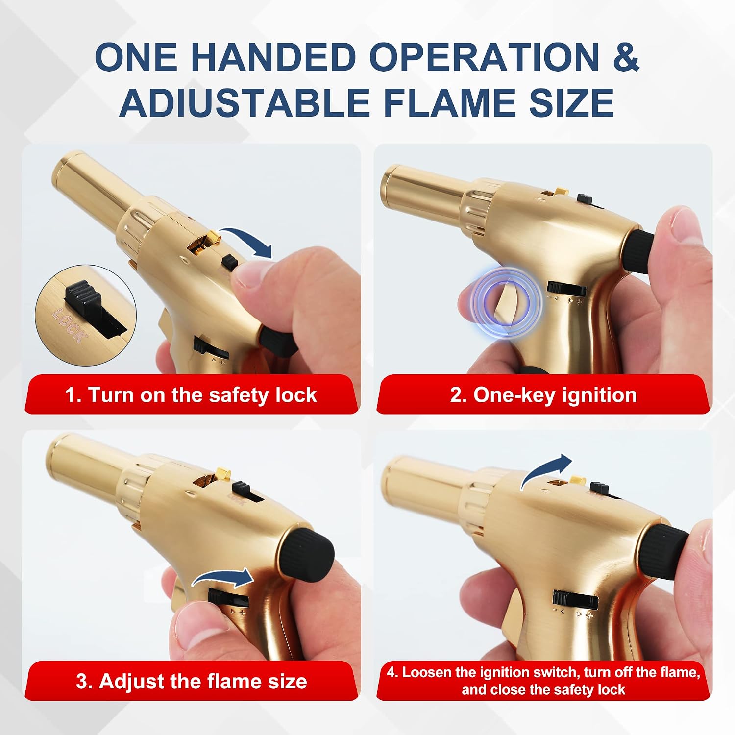 Butane Torch, Premium Double Flame Big Kitchen Torch Lighters with Safety Lock Adjustable Refillable Multipurpose Culinary Blow Torch for Creme Brulee, Baking, BBQ (Butane Gas Not Included) (gold)