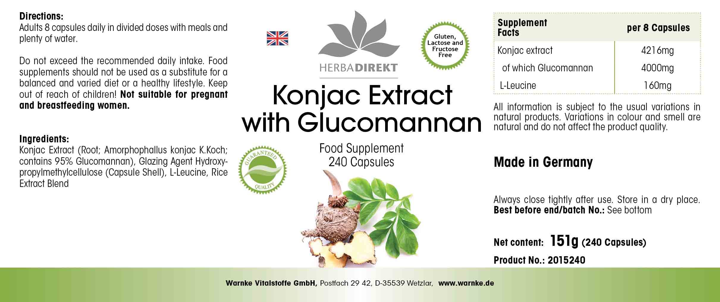 Konjac 527 mg - Extrait - 240 gélules - Végétarien - Avec 95% de glucomannane | Herba Direkt - Qualité des pharmacies allemandes