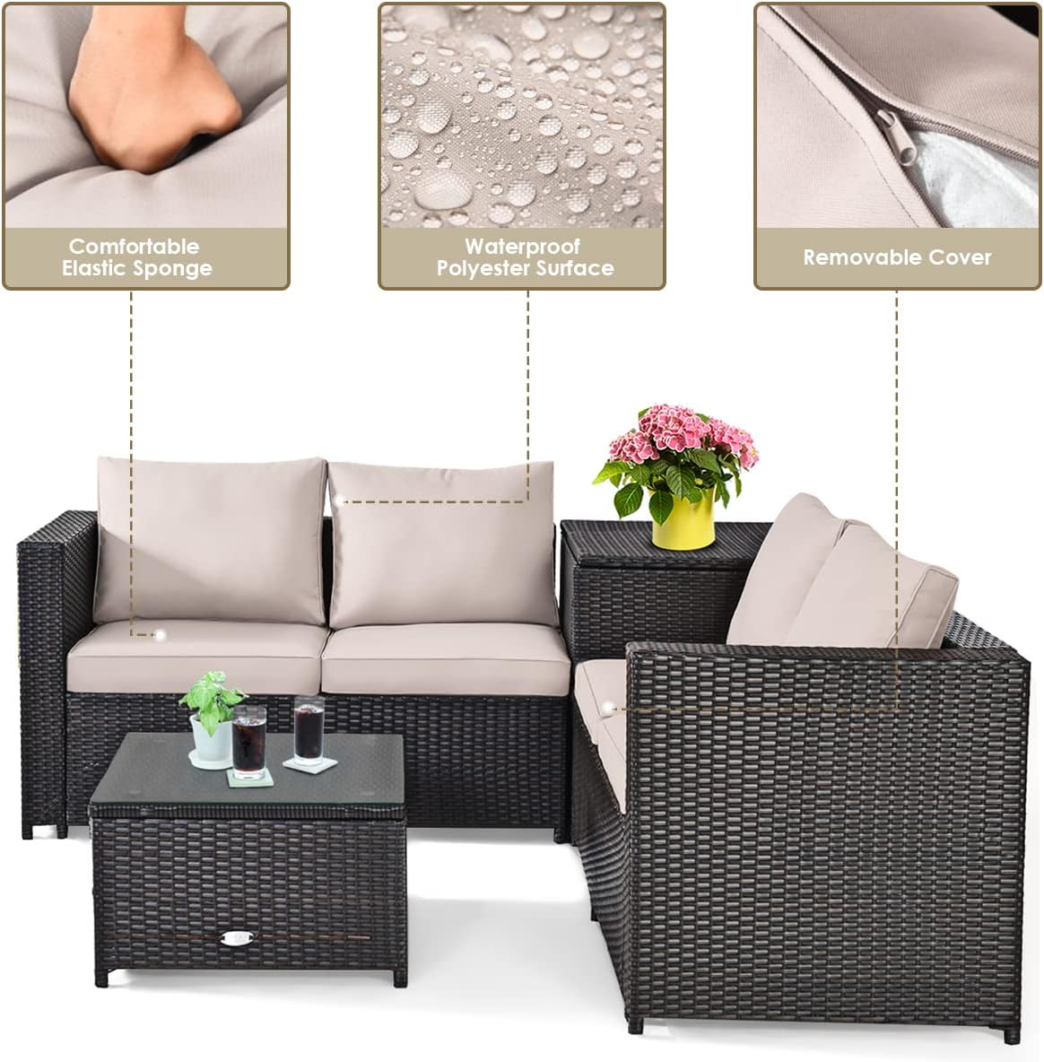 4 Pieces Wicker Patio Furniture Set, Outdoor Rattan Sectional Furniture Patio Set With Storage Box & Tempered Glass Tabletop, Outdoor Conversation Set for Garden, Backyard, Poolside(Brown)