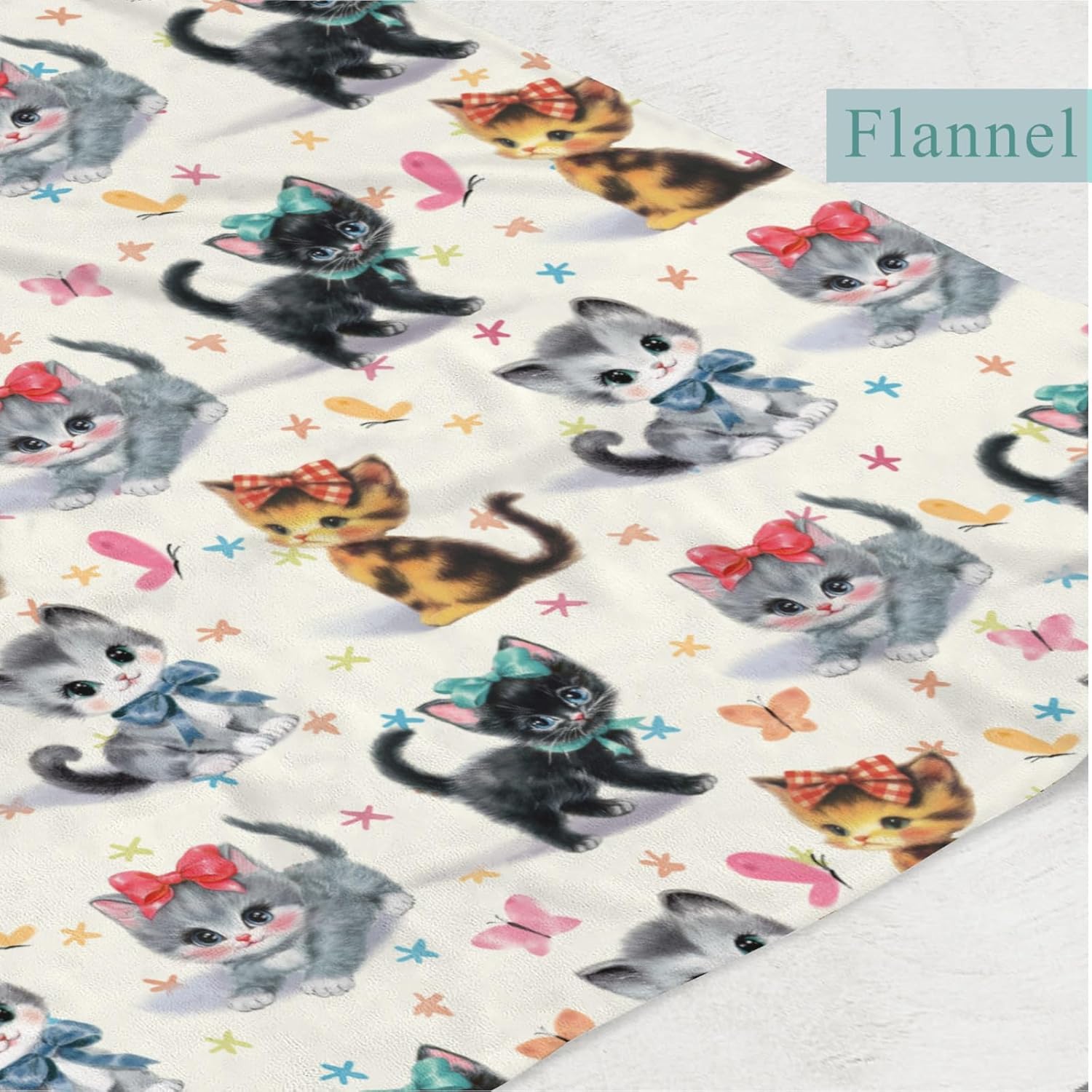 Vintage Kitties Bows Baby Boy Girl Retro Cute Cats Butterflies Blankets Flannel Fleece Nursery Bed Cat Lover Gift Receiving Swaddle Breathable Newborn Nursery Crib Bedding Shower Gift