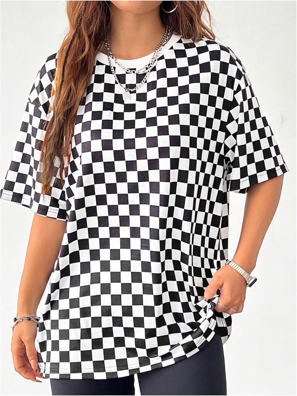 WDIRARA Women's Plus Size Plaid Checkered T Shirt Crewneck Half Sleeve Tee Oversized Top - Image 3