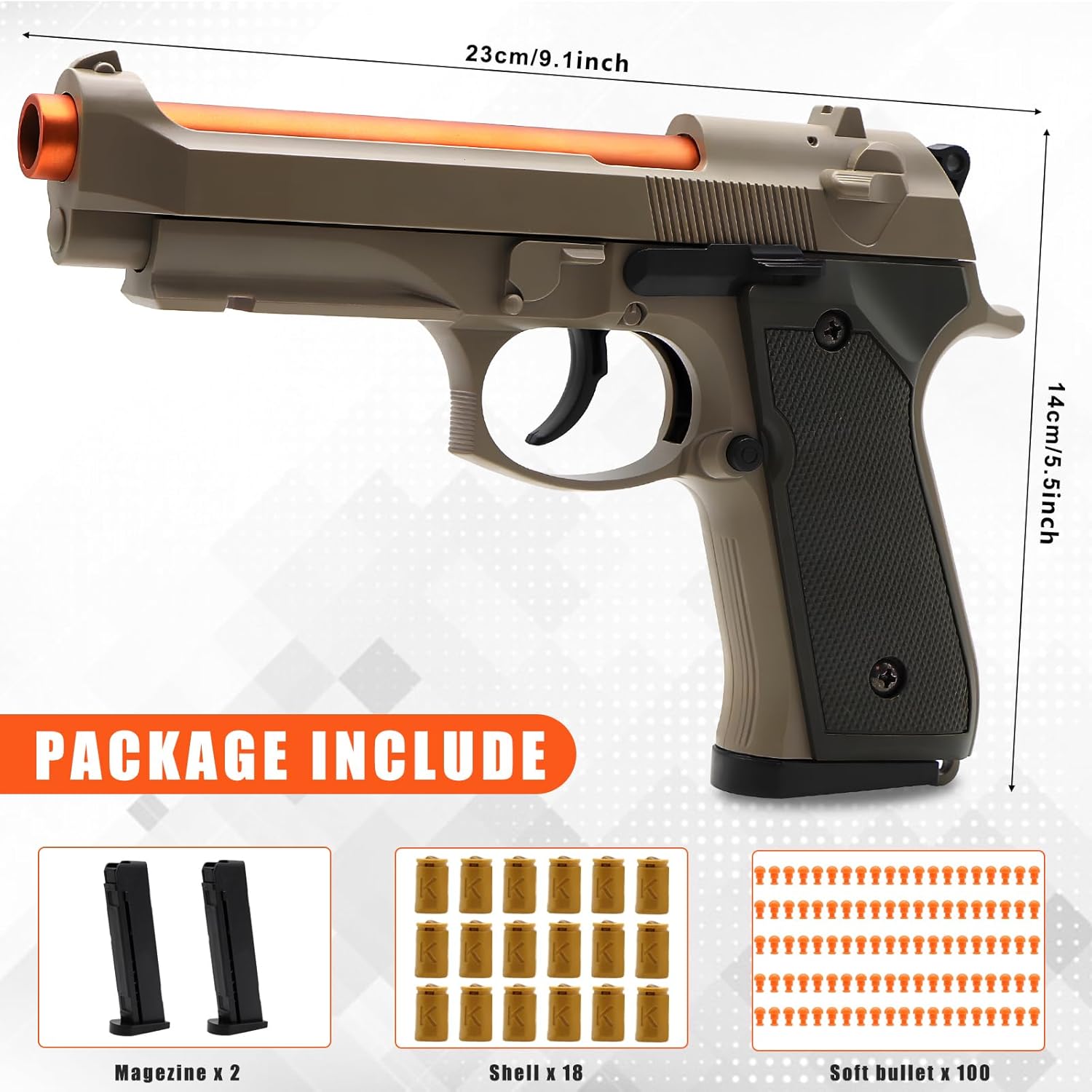 Bugrtey Sand Fidget Toy Gun, Automatic Shell Ejecting Toy Gun with 100 Soft Bullets, 18 Shells and 2 Magazines Toy Foam Blasters & Guns Fidget Toy, Christmas Birthday Gifts