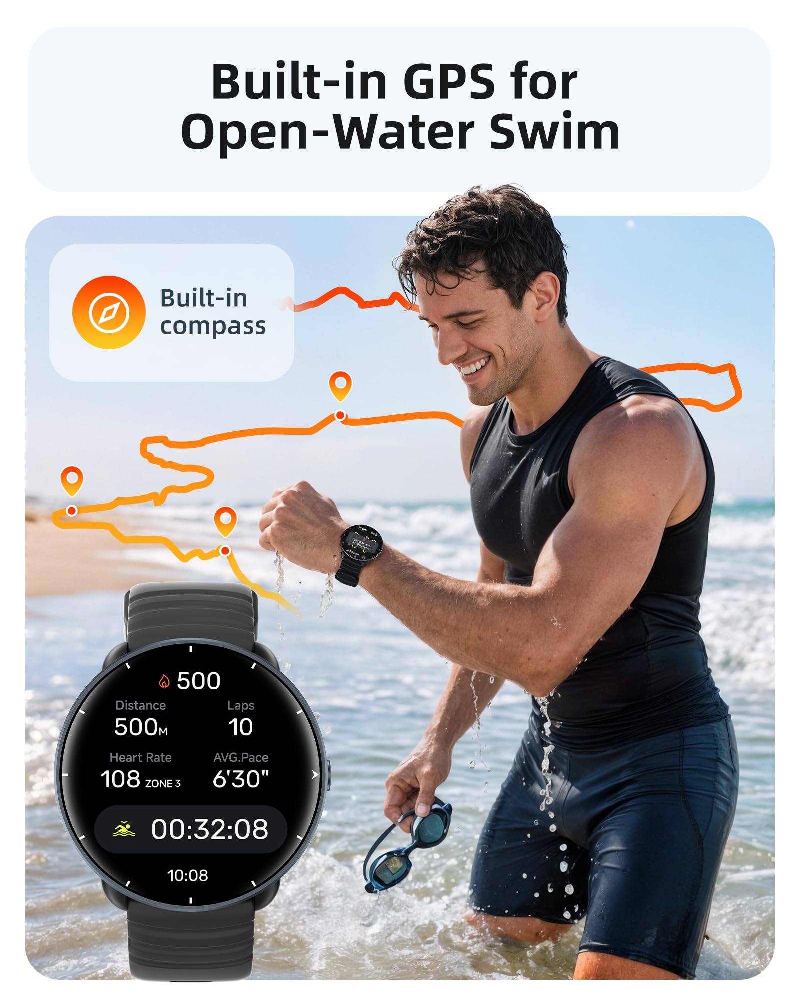 Parsonver Smartwatch dla Mężczyzn Kobiet, Wbudowany GPS, Wodoodporny 5 ATM do Pływania w Basenie i na Otwartych Akwenach, Zegarek Fitness z Wyświetlaczem AMOLED, Ponad 100 Trybów Sportowych, Puls, Sen