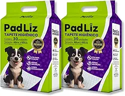 Kit 2 Pacotes Tapete Higiênico para Cachorro Padliz 60cm x 60cm com 30 Unidades Sanitário Super Absorvente Antivazamento Alta Absorção Descartável Premium Atrativo Petliz