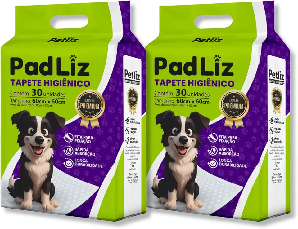 Kit 2 Pacotes Tapete Higiênico para Cachorro Padliz 60cm x 60cm com 30 Unidades Sanitário Super Absorvente Antivazamento Alta Absorção Descartável Premium Atrativo Petliz