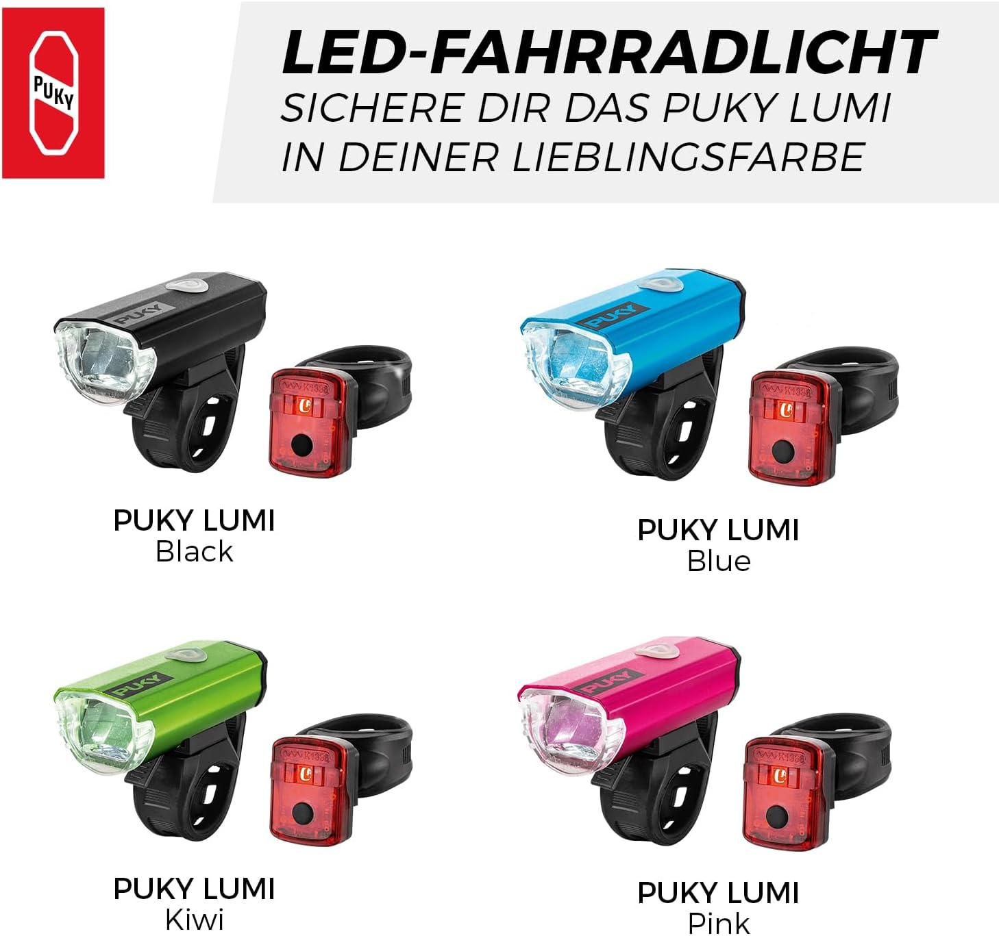 PUKY Lumi LED Front Headlight & Rear Light Set, Side Visibility, Tool-free Assembly, For 20 Inch Bicycles & LS-PRO, StVZO-Approved, Micro-USB Rechargeable, Flexible Design