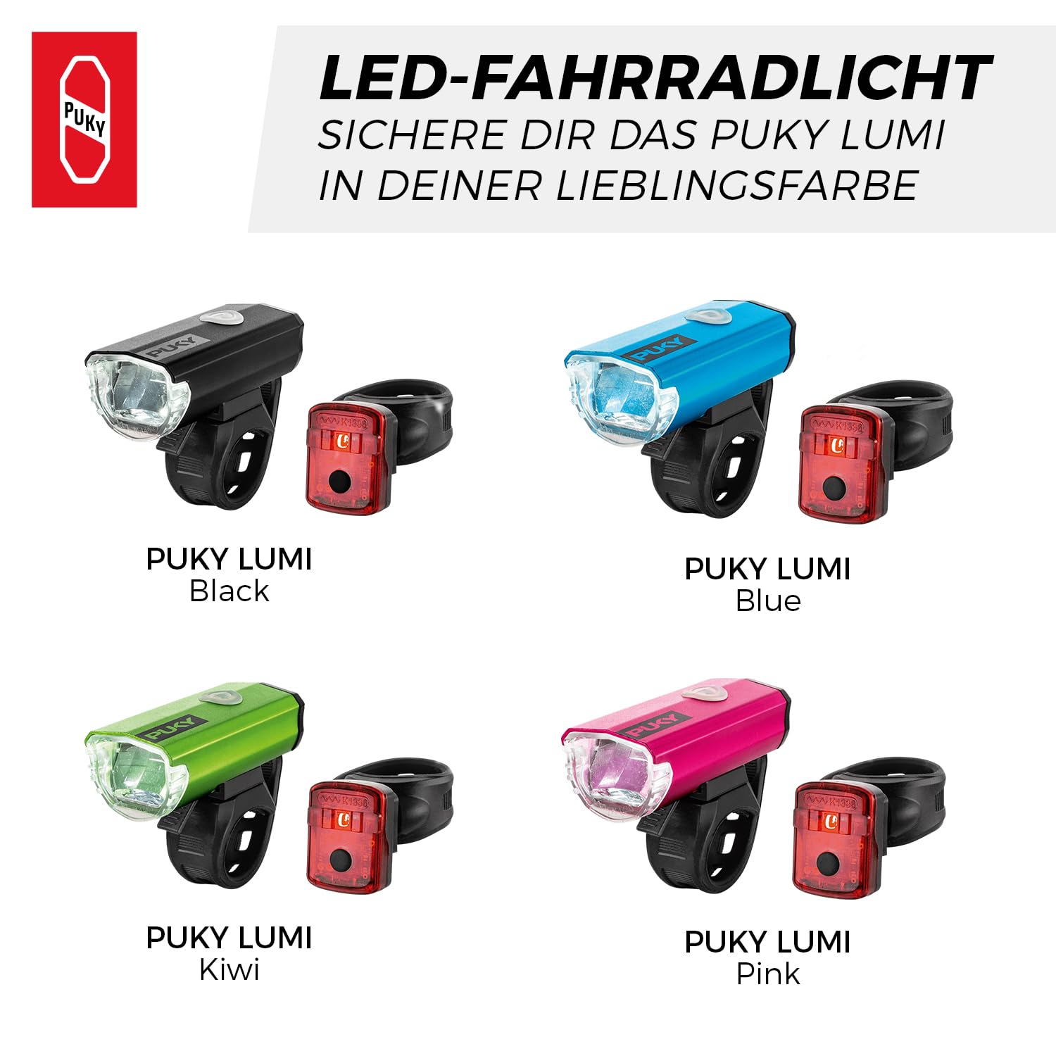 PUKY LUMI LED-Frontscheinwerfer & Rücklicht-Set | Seitliche Sichtbarkeit | Werkzeuglose Montage | Für 20" Fahrräder & LS-PRO | StVZO-Zugelassen | Micro-USB Aufladbar | Flexibles Design