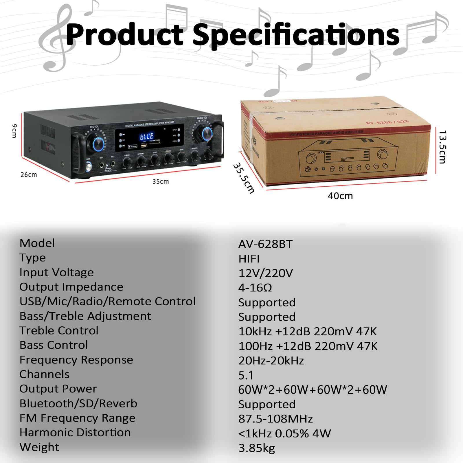 Amplificador De Audio Estéreo HiFi De 5.1 Canales, Amplificador Estéreo Doméstico Bluetooth 5.0, Entrada para Cables USB/RCA/óptica/coaxial, Doble Entrada para Micrófono, Reverberación